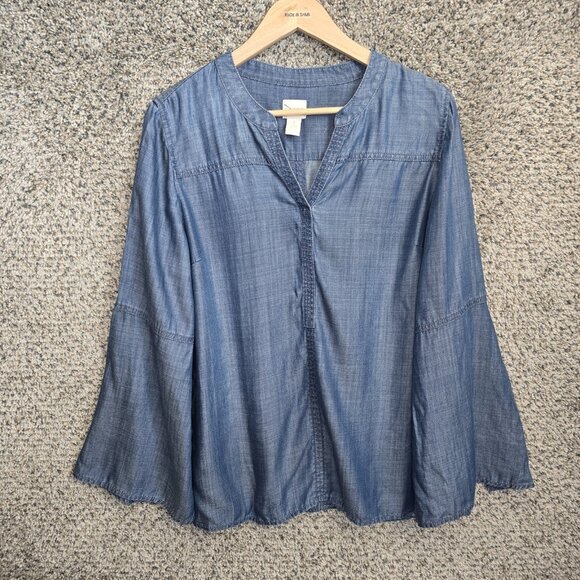 Chicos Top Womens 1 US Medium Blue Chambray V Neck Bell Sleeve Blouse Ladies - Picture 1 of 7